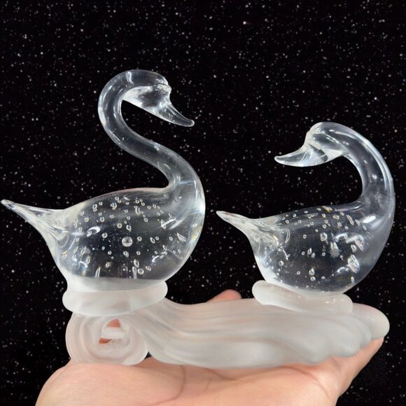 1980s Clear Art Glass Bird Duck Sculpture Figure On Frosted Bottom W Bubbles - Picture 8 of 10